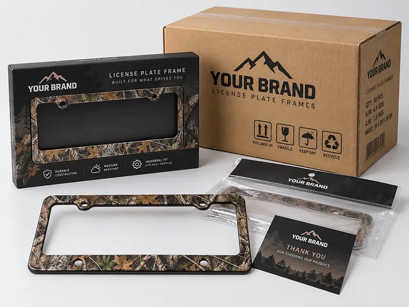 camo license plate frame packaging